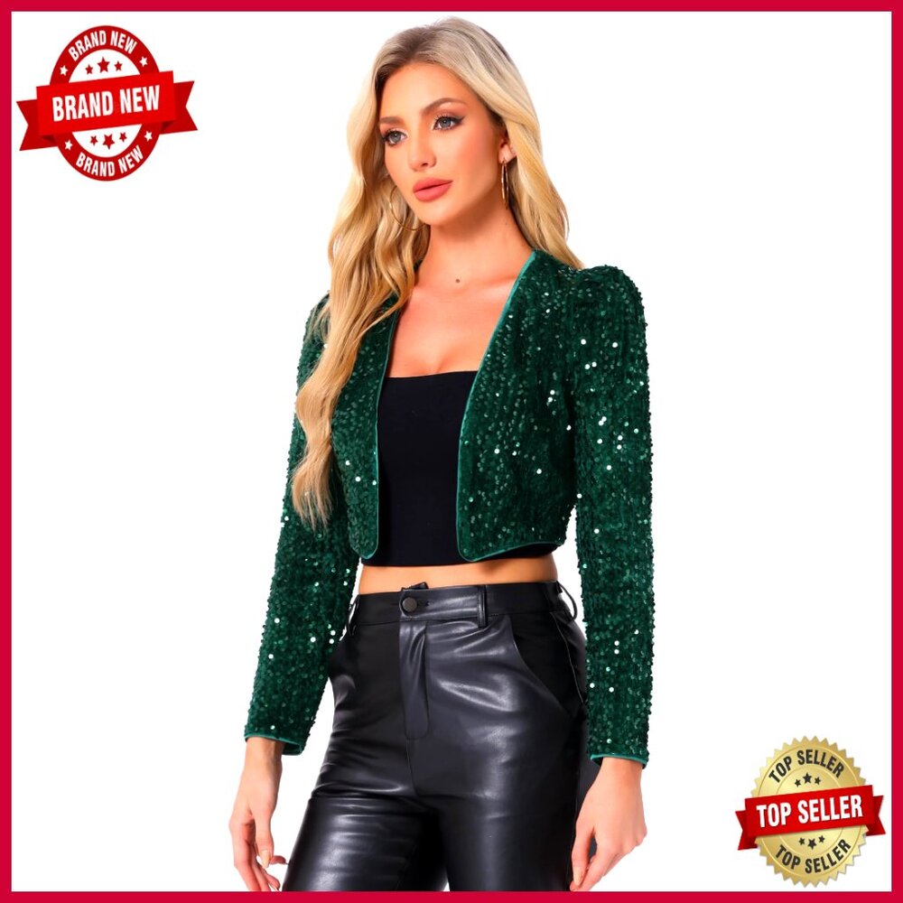 Sequin Crop Blazer Jacket Open Front Collarless Medium Polyester